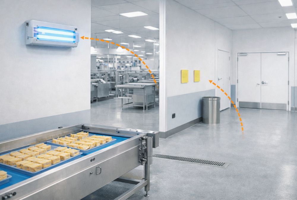 lỗi nhà máy đặt đèn bắt côn trùng ngay trên khu vực sản phẩm hở.